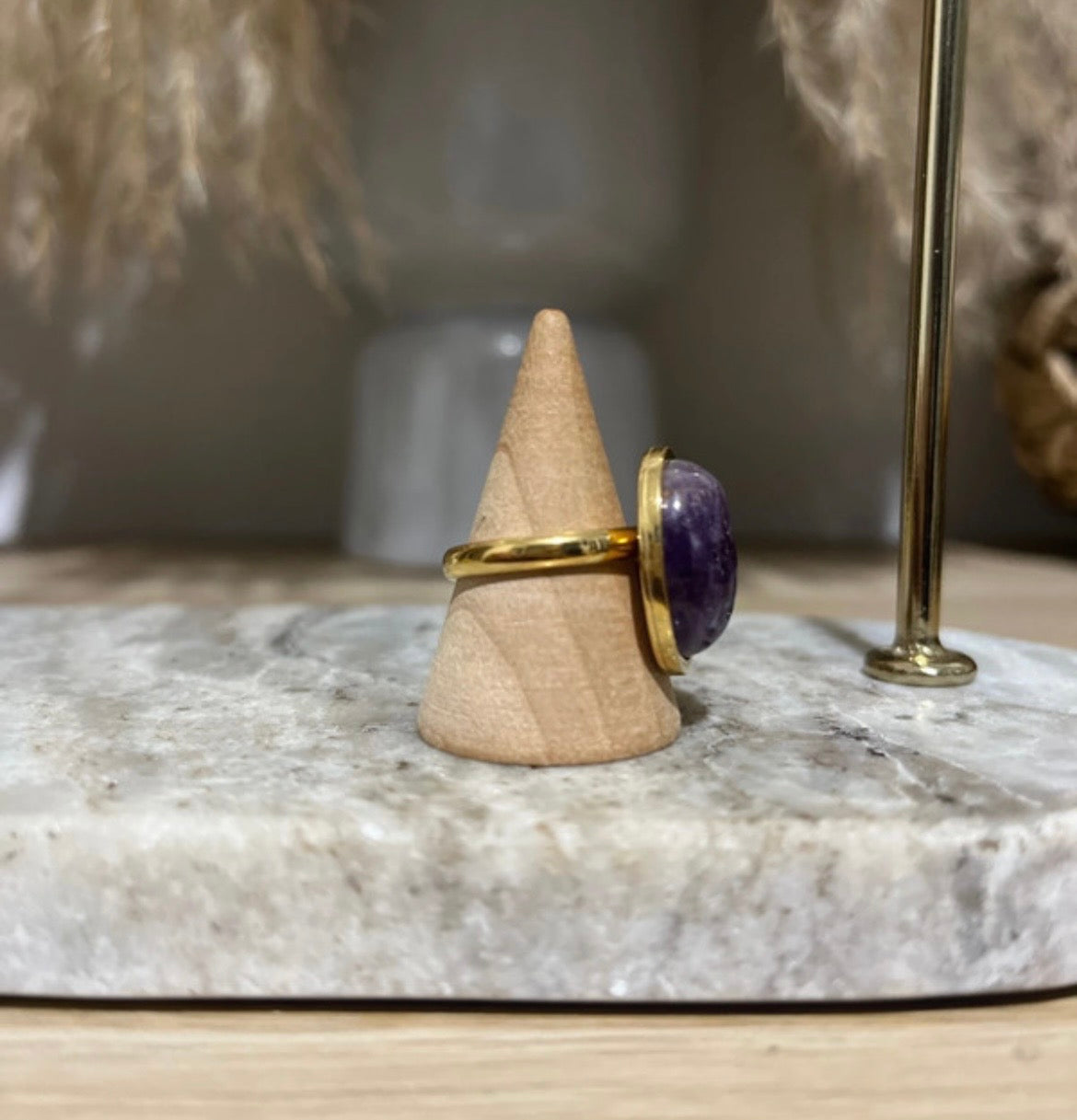 Bague dorée inoxydable pierre naturelle Améthyste - Pierres Argentées & Perles Dorées