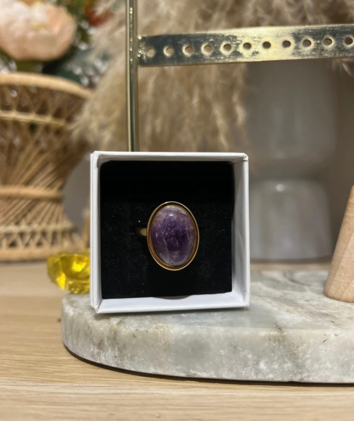 Bague dorée inoxydable pierre naturelle Améthyste - Pierres Argentées & Perles Dorées