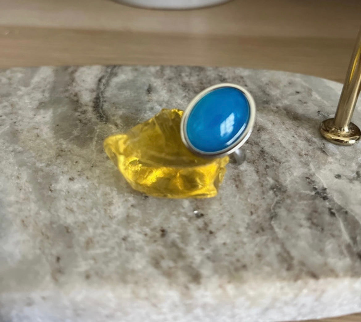 Bague argentée inoxydable pierre naturelle Aventurine bleue - Pierres Argentées & Perles Dorées