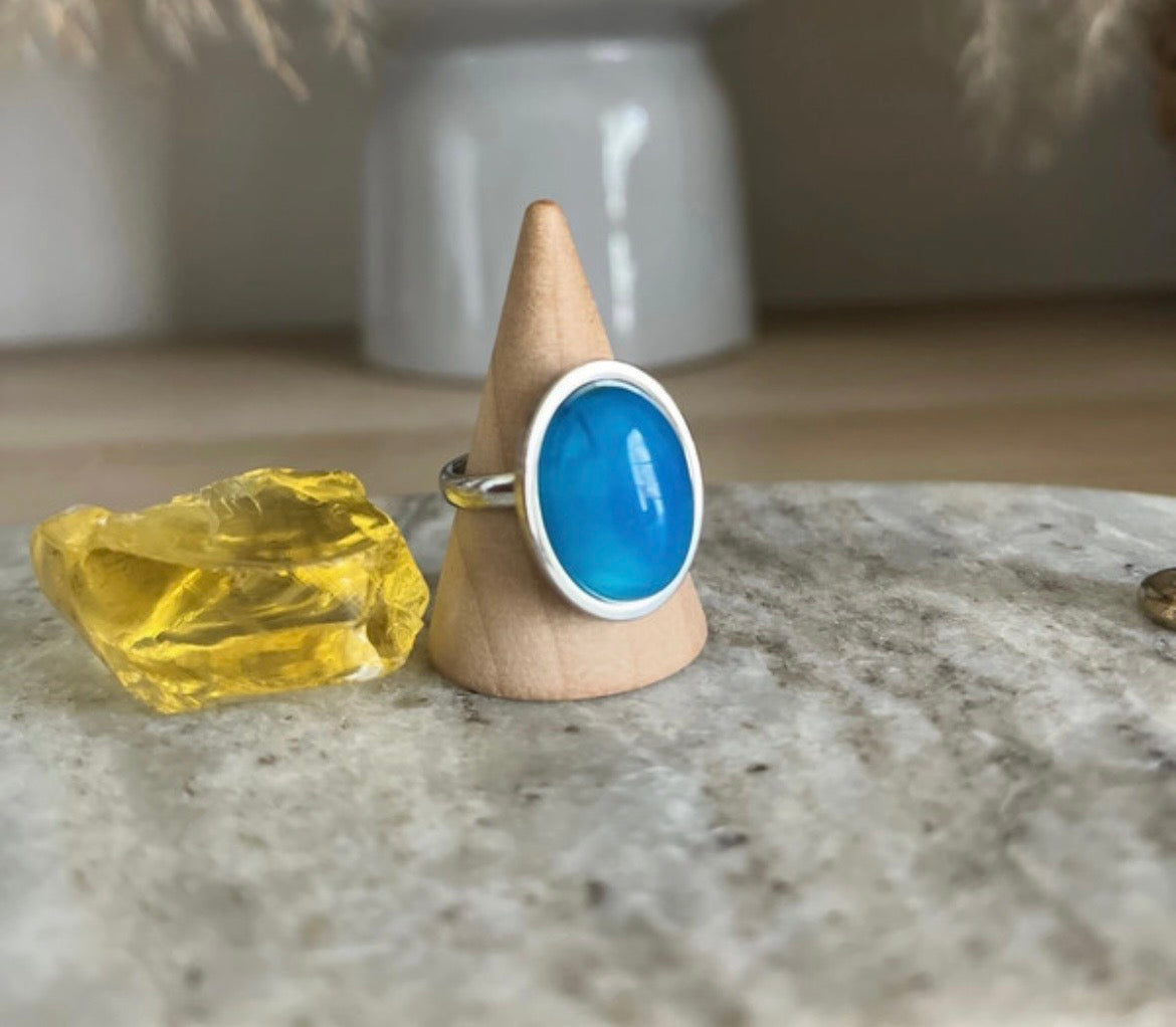 Bague argentée inoxydable pierre naturelle Aventurine bleue - Pierres Argentées & Perles Dorées