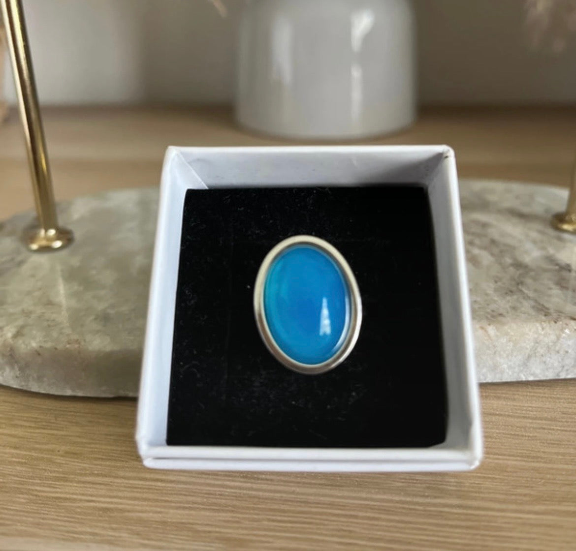 Bague argentée inoxydable pierre naturelle Aventurine bleue - Pierres Argentées & Perles Dorées