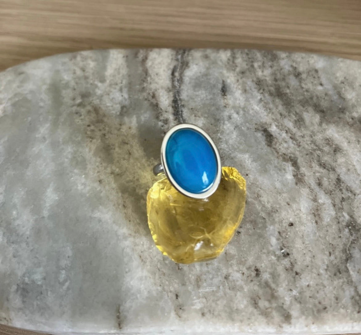 Bague argentée inoxydable pierre naturelle Aventurine bleue - Pierres Argentées & Perles Dorées