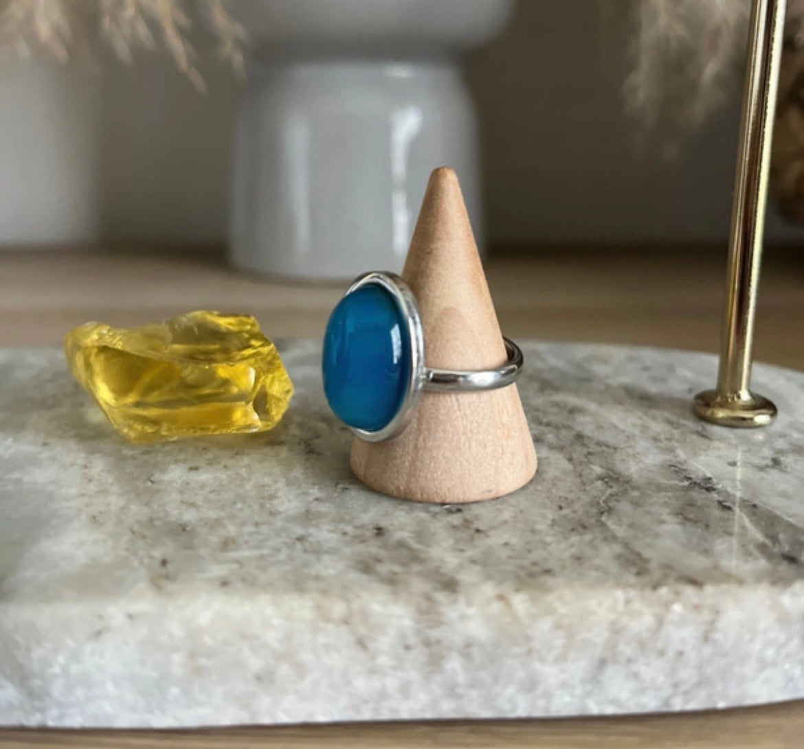 Bague argentée inoxydable pierre naturelle Aventurine bleue - Pierres Argentées & Perles Dorées