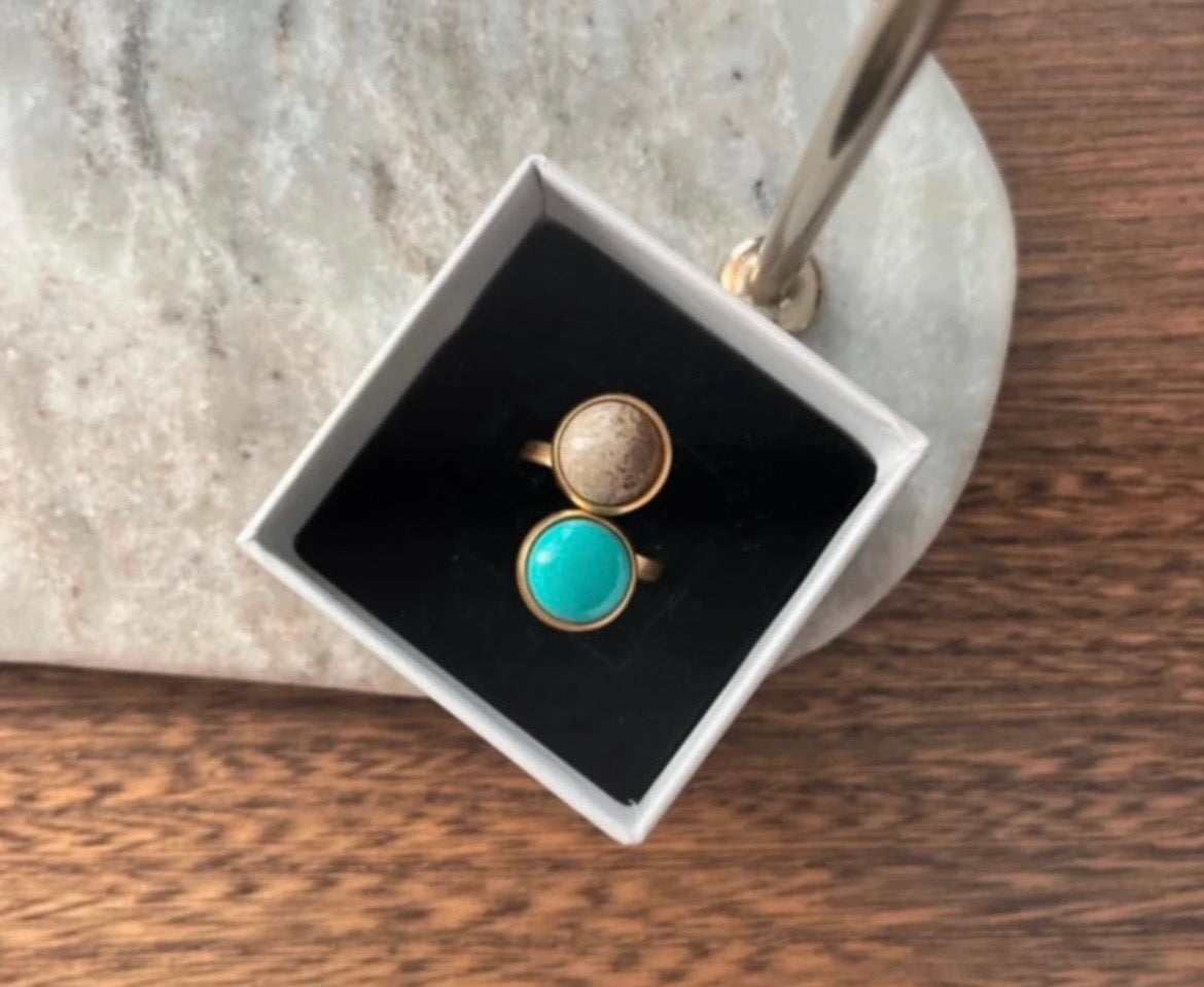 Bague double dorée inoxydable pierres naturelles Jaspe et Turquoise - Pierres Argentées & Perles Dorées