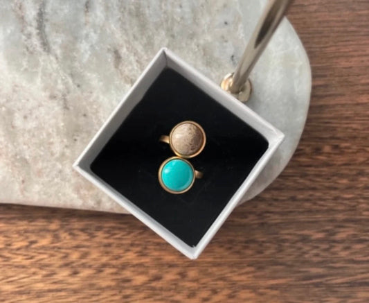 Bague double dorée inoxydable pierres naturelles Jaspe et Turquoise - Pierres Argentées & Perles Dorées