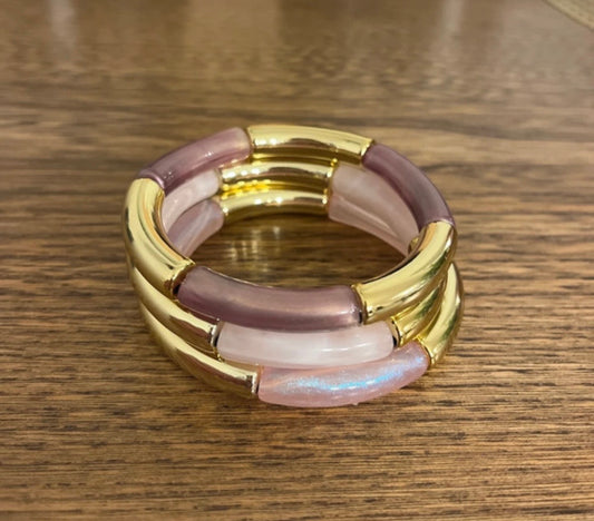 Trio de Bracelets Perles Tubes Incurvées Rose & Violet | À superposer – Bijou tendance