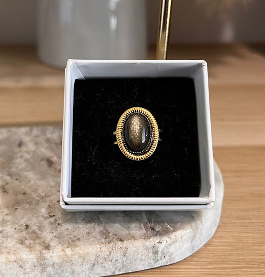 Bague ajustable dorée inoxydable pierre naturelle Obsdienne dorée