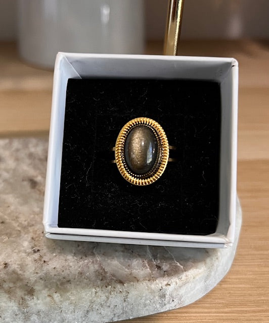 Bague ajustable dorée inoxydable pierre naturelle Obsdienne dorée