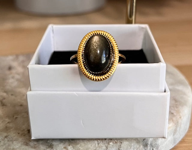 Bague ajustable dorée inoxydable pierre naturelle Obsdienne dorée