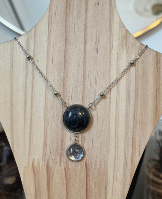 Collier Double Cabochon Labradorite Noire Vintage – Chaîne Perlée 50 cm | PAPD