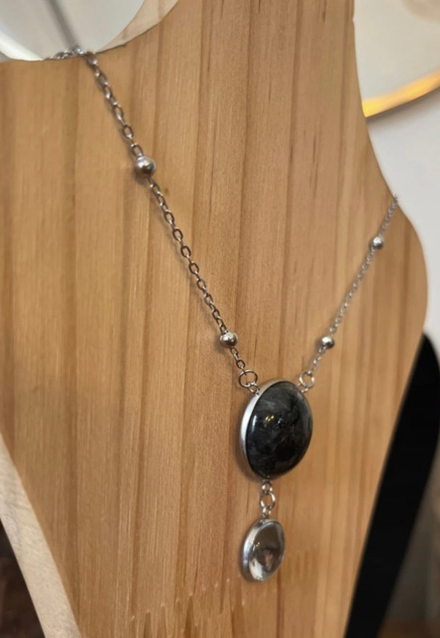 Collier Double Cabochon Labradorite Noire Vintage – Chaîne Perlée 50 cm | PAPD
