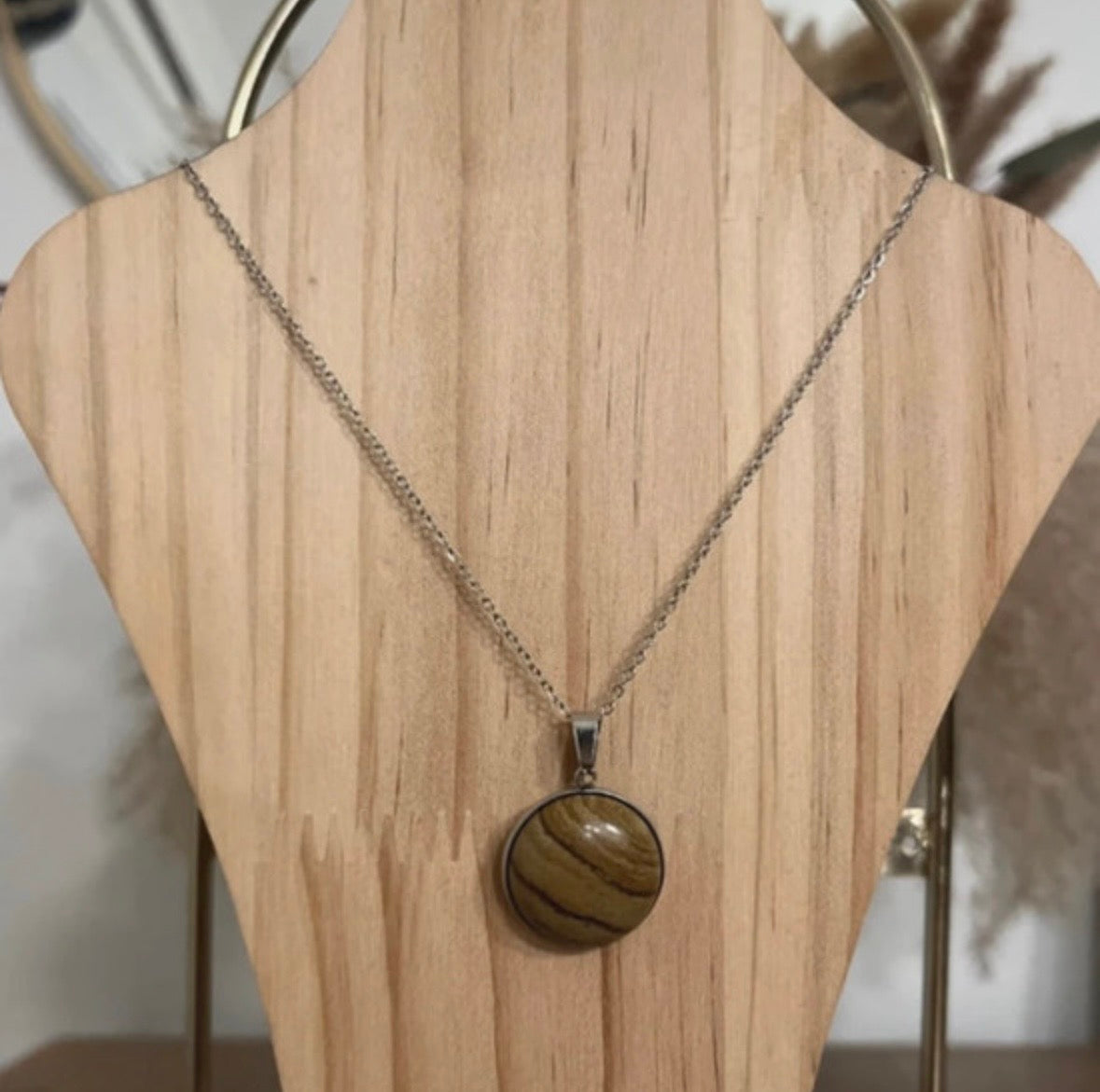 Collier Pierre Naturelle Jaspe Paysage – Chaîne Argentée Inoxydable 44 cm