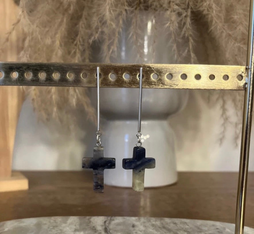 Puces Tiges Argentées Lapis Lazuli Croix – Pierre Naturelle & Acier Inoxydable | PAPD