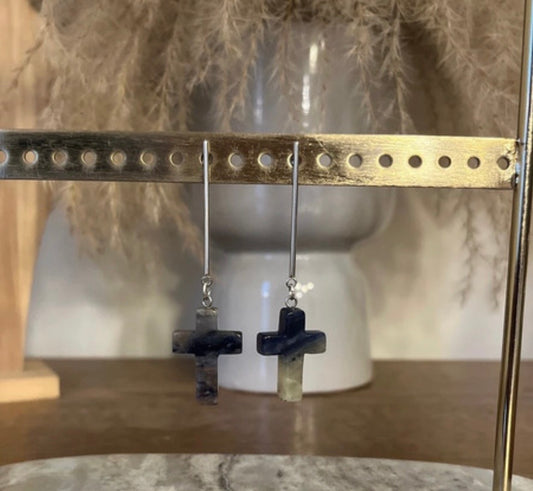 Puces Tiges Argentées Lapis Lazuli Croix – Pierre Naturelle & Acier Inoxydable | PAPD