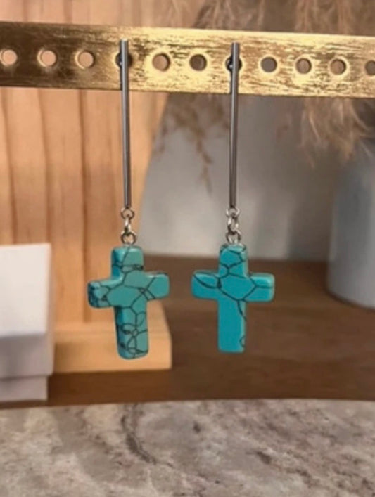 Boucles d'Oreilles Puces Turquoise Naturelle Striée | Tige & Croix Acier Inoxydable | Lithothérapie
