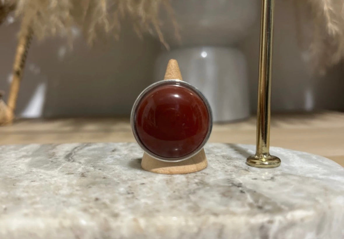 Bague Agate Rouge Naturelle | Monture Argentée Ajustable Acier Inoxydable | Lithothérapie