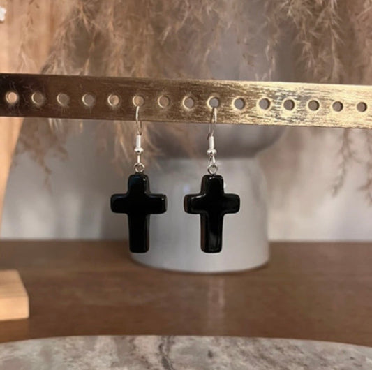 Boucles d'Oreilles Obsidienne Noire Naturelle | Croix Acier Inoxydable | Lithothérapie Protection