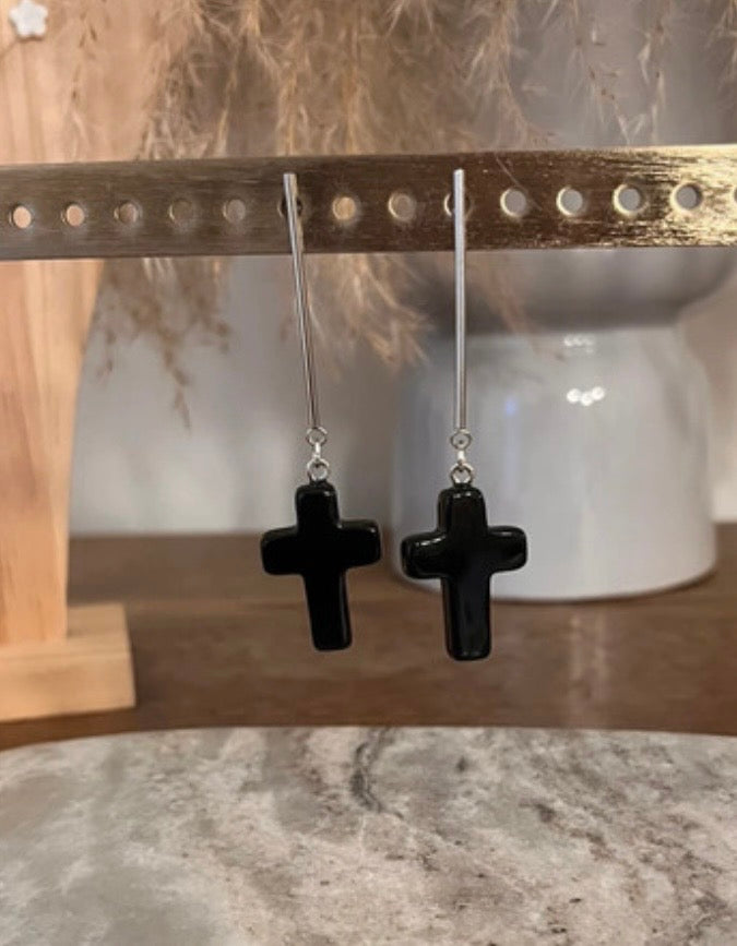 Boucles d'Oreilles Puces Obsidienne Noire Naturelle | Tige Croix Argentée Acier Inoxydable | Lithothérapie