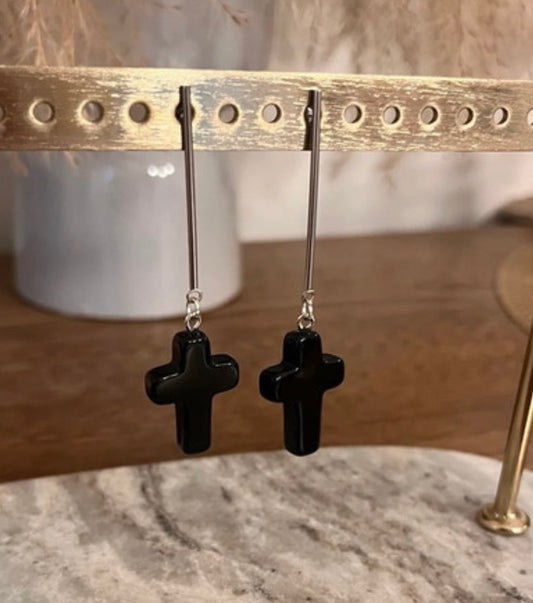 Boucles d'Oreilles Puces Obsidienne Noire Naturelle | Tige Croix Argentée Acier Inoxydable | Lithothérapie