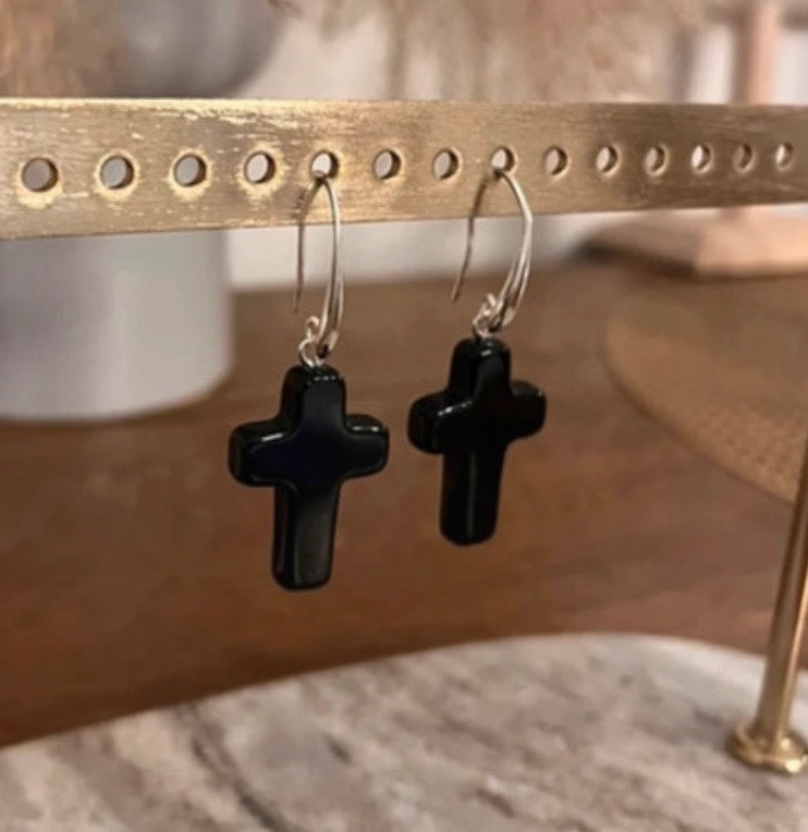 Boucles d'Oreilles Dormeuses Obsidienne Noire Naturelle | Croix Acier Inoxydable | Lithothérapie