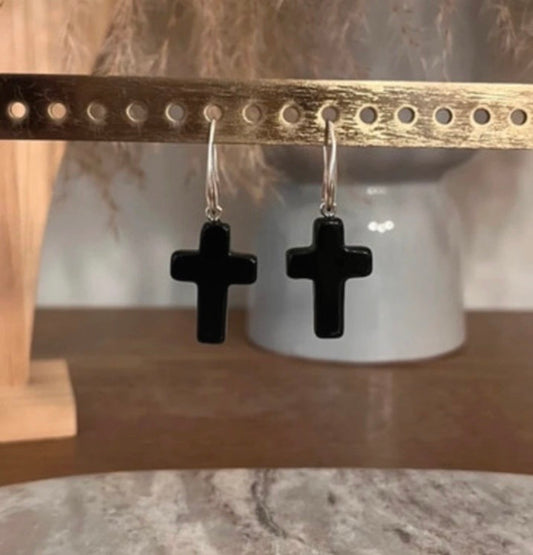 Boucles d'Oreilles Dormeuses Obsidienne Noire Naturelle | Croix Acier Inoxydable | Lithothérapie