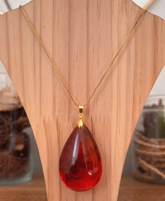 Collier Ambre Baltique | Chaîne Dorée Inoxydable | Pierre Naturelle