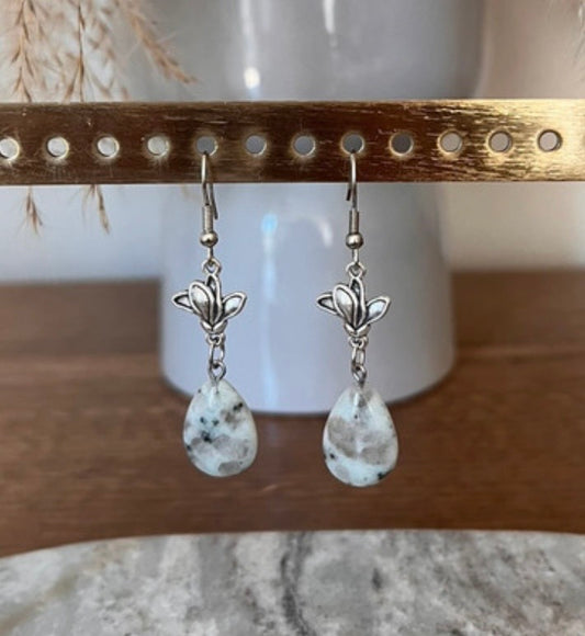 Boucles d'Oreilles Pendantes Jaspe Kiwi | Acier Inoxydable | Pierre Naturelle