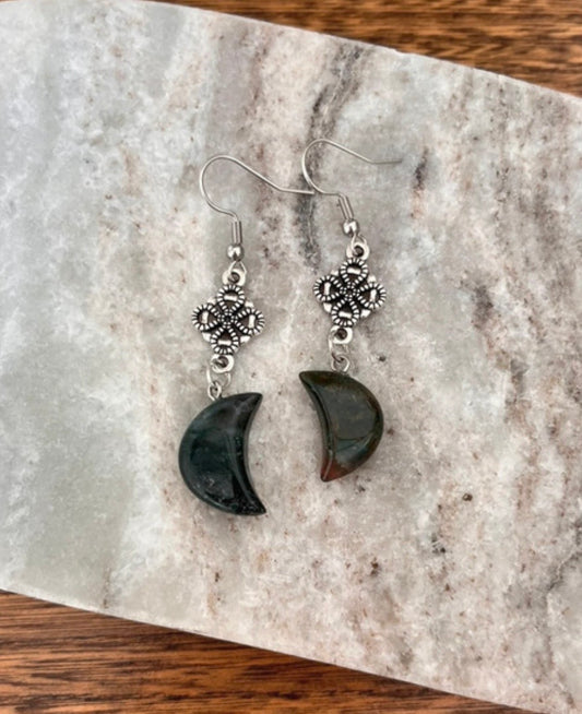 Boucles d'Oreilles Lune Agate Indienne | Acier Inoxydable | Pierre Naturelle
