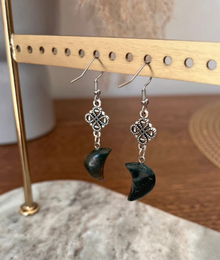 Boucles d'Oreilles Lune Agate Indienne | Acier Inoxydable | Pierre Naturelle