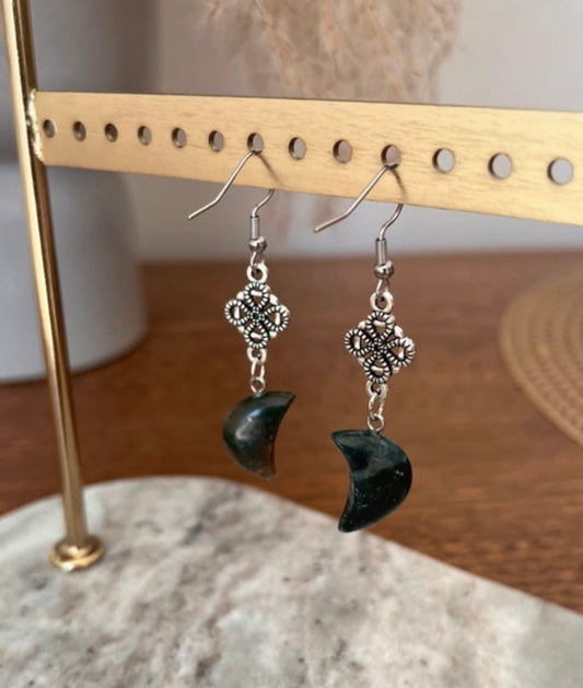 Boucles d'Oreilles Lune Agate Indienne | Acier Inoxydable | Pierre Naturelle