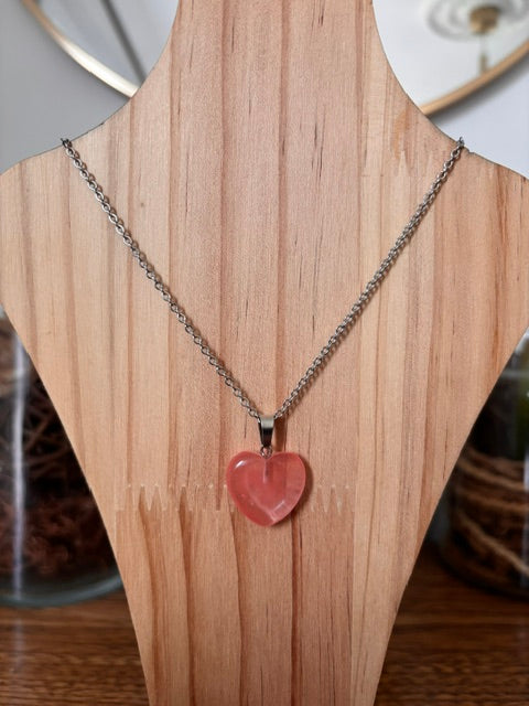Collier Cœur Quartz Cerise | Chaîne Argentée Inoxydable | Pierre Naturelle