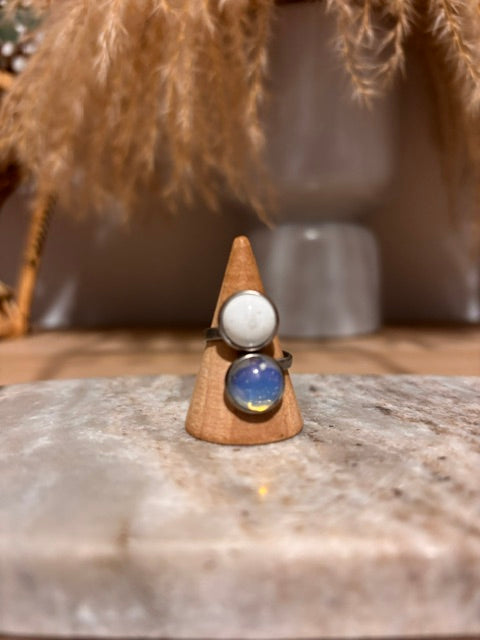 Bague Argentée Double Ajustable | Pierre Naturelle Opaline & Turquoise Blanche | Acier Inoxydable