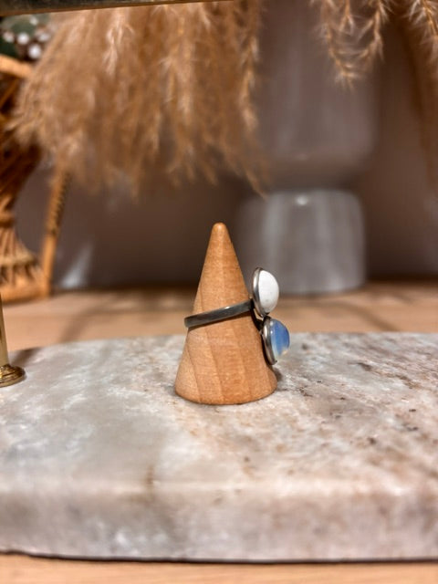 Bague Argentée Double Ajustable | Pierre Naturelle Opaline & Turquoise Blanche | Acier Inoxydable