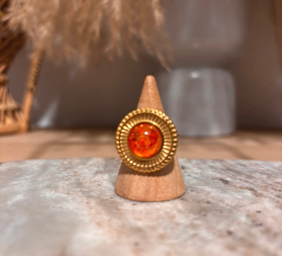 Bague Soleil Doré Ajustable | Pierre Naturelle Ambre | Acier Inoxydable