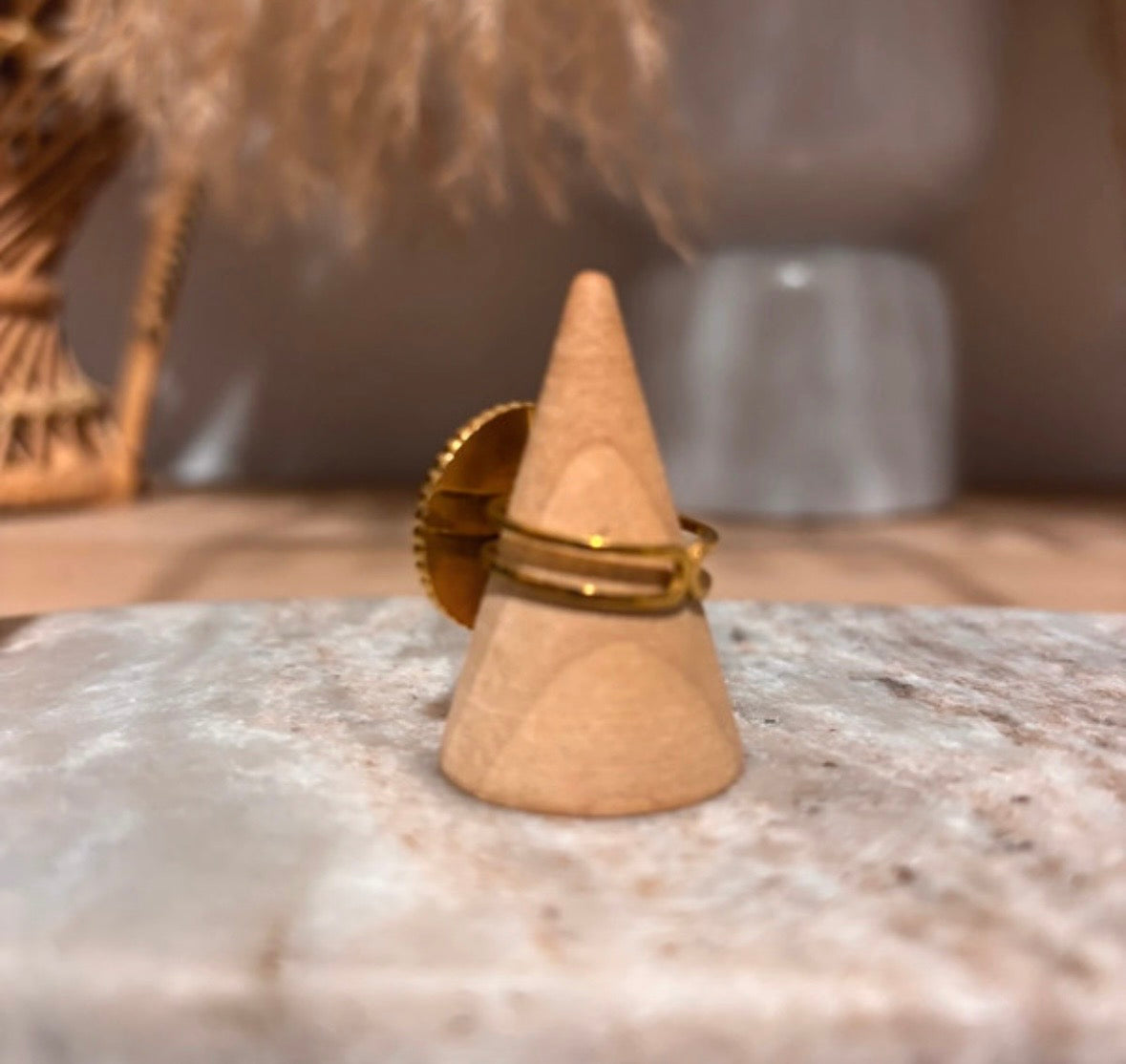 Bague Soleil Doré Ajustable | Pierre Naturelle Ambre | Acier Inoxydable