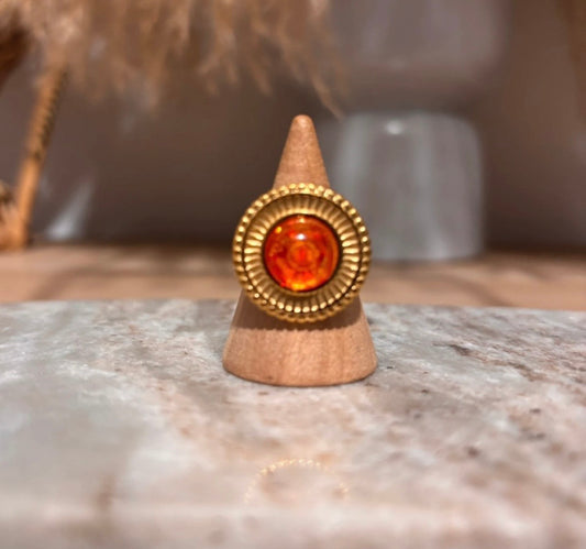 Bague Soleil Doré Ajustable | Pierre Naturelle Ambre | Acier Inoxydable