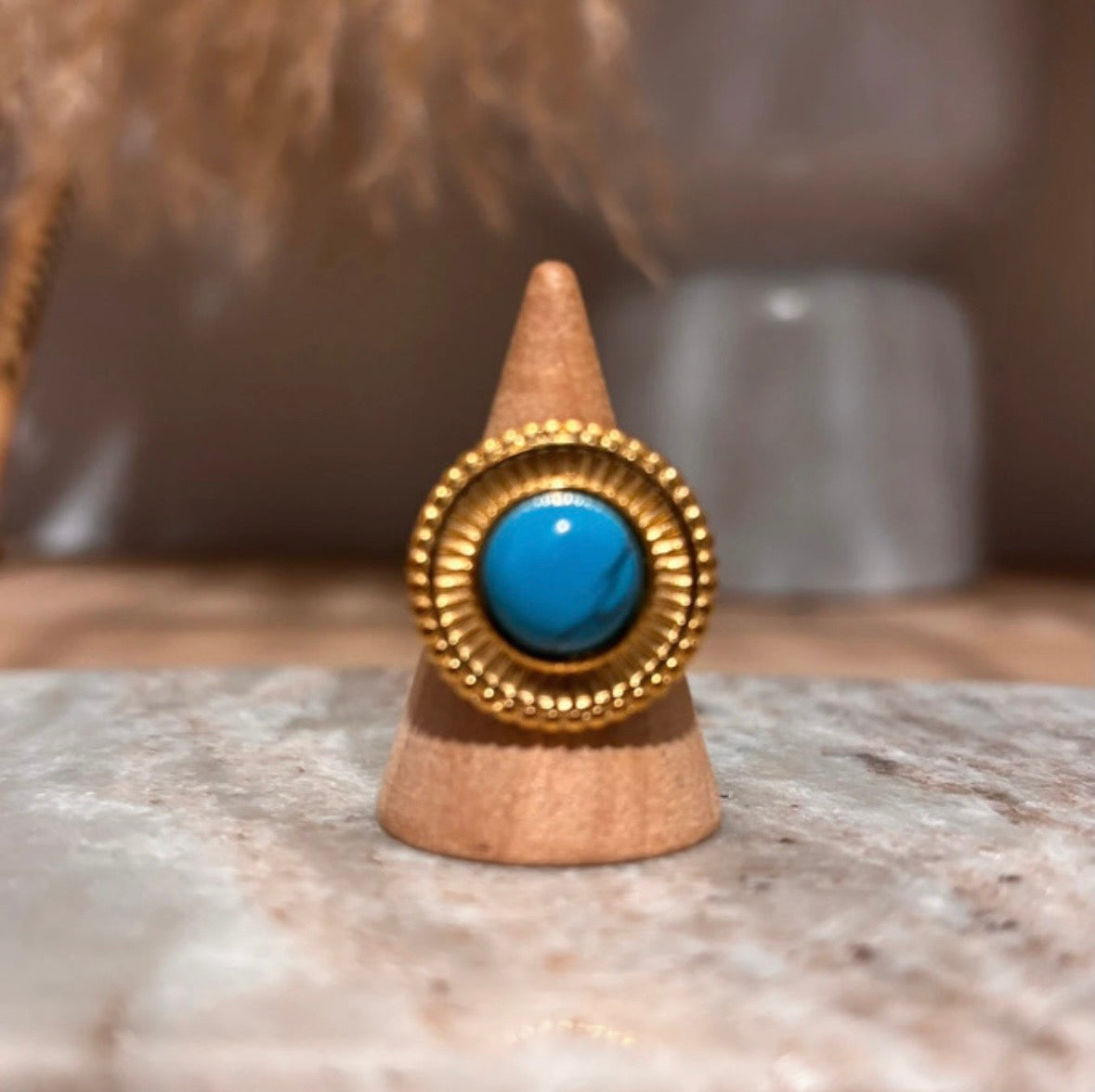 Bague Soleil Doré Ajustable | Pierre Naturelle Turquoise | Acier Inoxydable