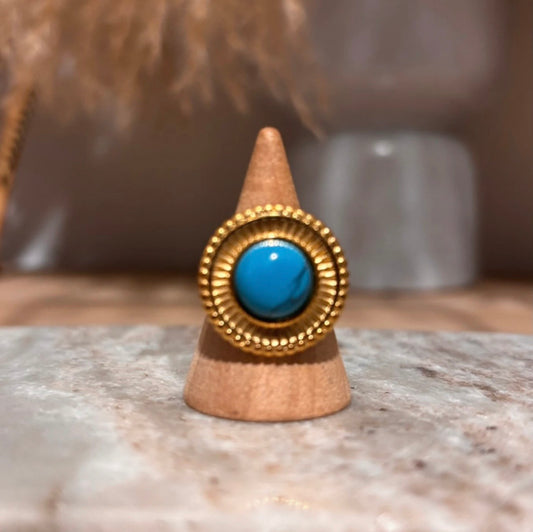 Bague Soleil Doré Ajustable | Pierre Naturelle Turquoise | Acier Inoxydable