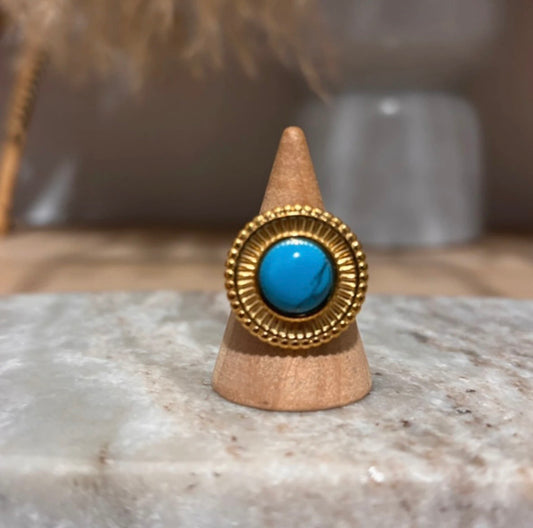 Bague Soleil Doré Ajustable | Pierre Naturelle Turquoise | Acier Inoxydable