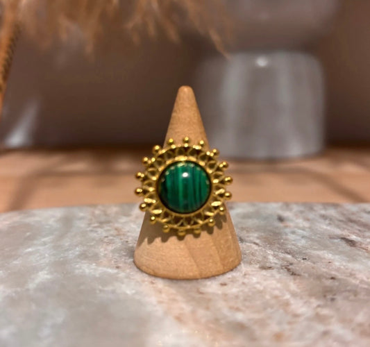 Bague Soleil Doré Ajustable | Pierre Naturelle Malachite | Acier Inoxydable