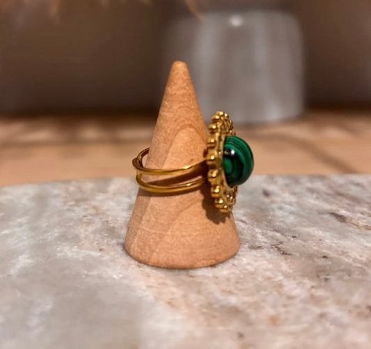 Bague Soleil Doré Ajustable | Pierre Naturelle Malachite | Acier Inoxydable