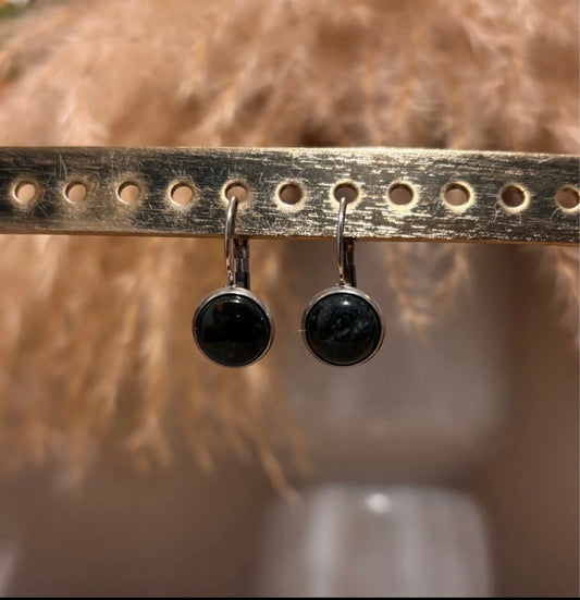 Boucles d’Oreilles Dormeuses Argentées | Pierre Naturelle Agate Mousse | Acier Inoxydable
