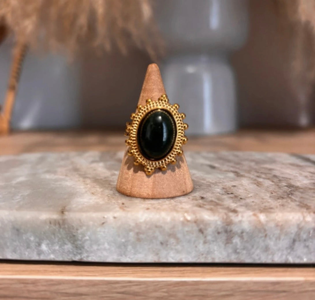 Bague Dorée Vintage Ajustable | Pierre Naturelle Agate Mousse | Acier Inoxydable