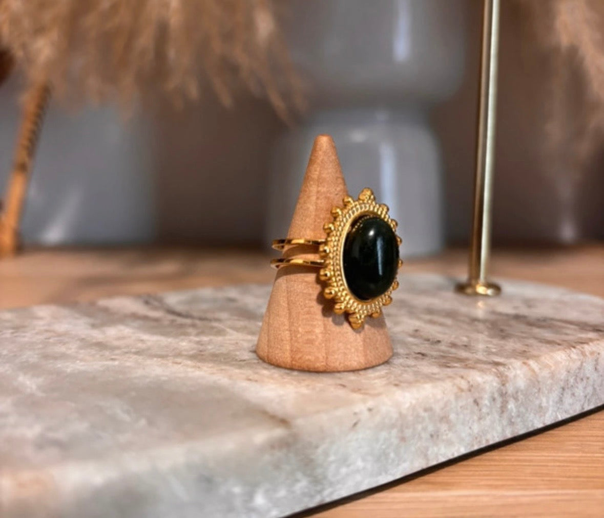 Bague Dorée Vintage Ajustable | Pierre Naturelle Agate Mousse | Acier Inoxydable