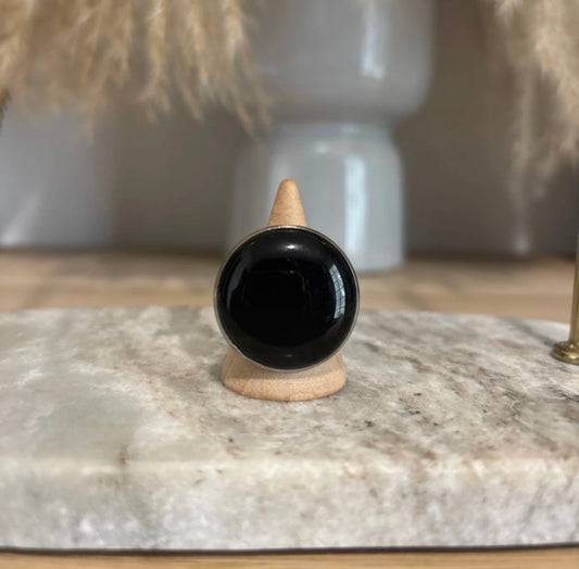 Grosse Bague Argentée Ajustable | Pierre Naturelle Obsidienne Noire | Acier Inoxydable
