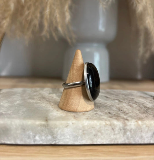Grosse Bague Argentée Ajustable | Pierre Naturelle Obsidienne Noire | Acier Inoxydable