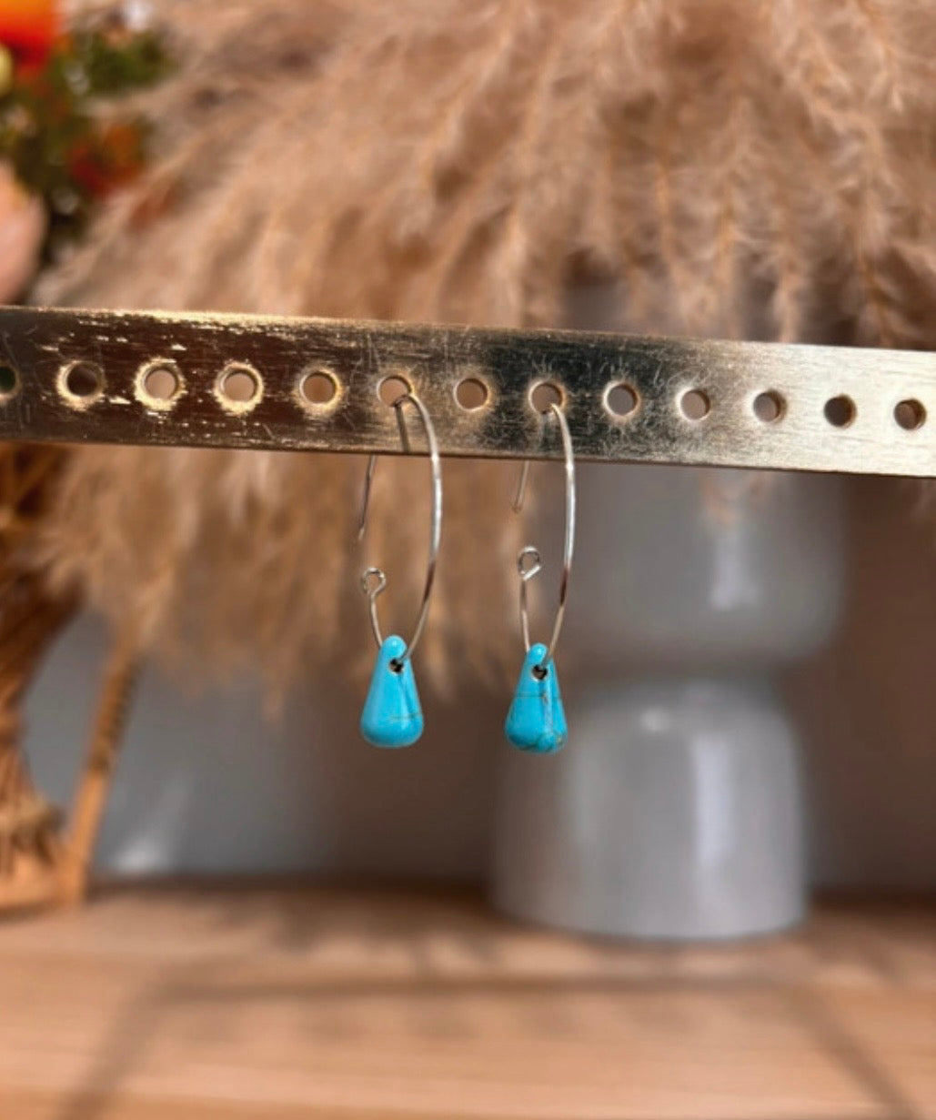 Créoles Fines Ajustables | Perles Pierre Naturelle Turquoise | Acier Inoxydable Argent & Or