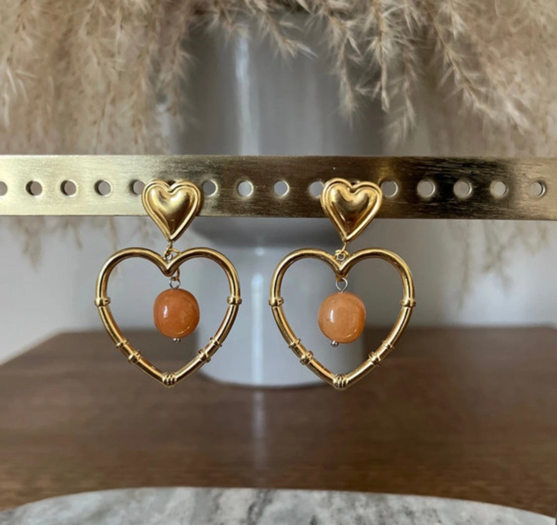Clous d'Oreilles Cœur Quartz Orange | Pierre Naturelle Créativité & Vitalité | Acier Inoxydable