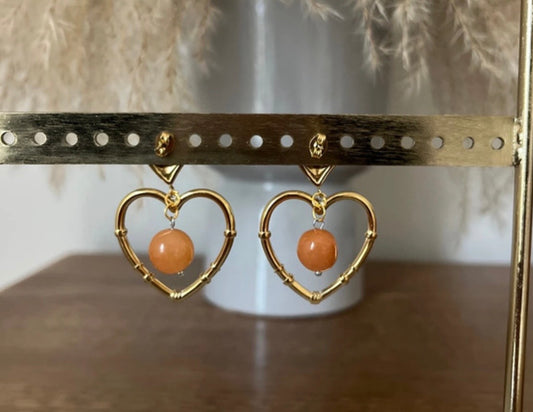 Clous d'Oreilles Cœur Quartz Orange | Pierre Naturelle Créativité & Vitalité | Acier Inoxydable