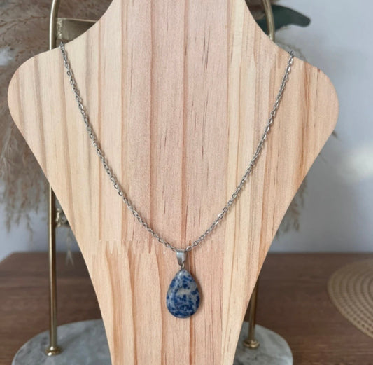 Collier Sodalite Pierre Naturelle | Chaîne Maillons Argentée 44 cm | Acier Inoxydable
